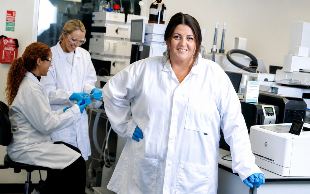 Leah Fletcher, CEO and Co-Founder of Dunbar Pharma, standing in a pharmaceutical laboratory with laboratory staff and analytical equipment.